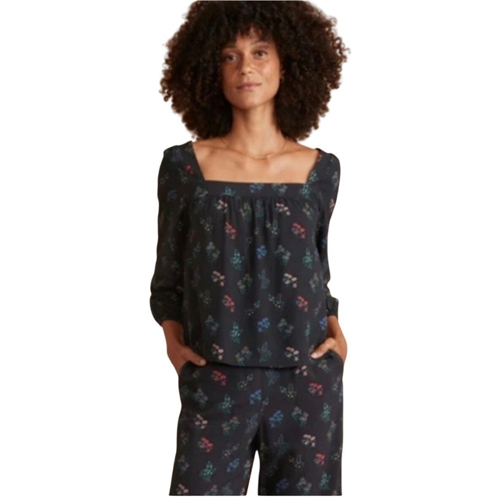 Marine Layer Annabella Square Neck top India Floral 3/4 Sleeve Blouse Black S